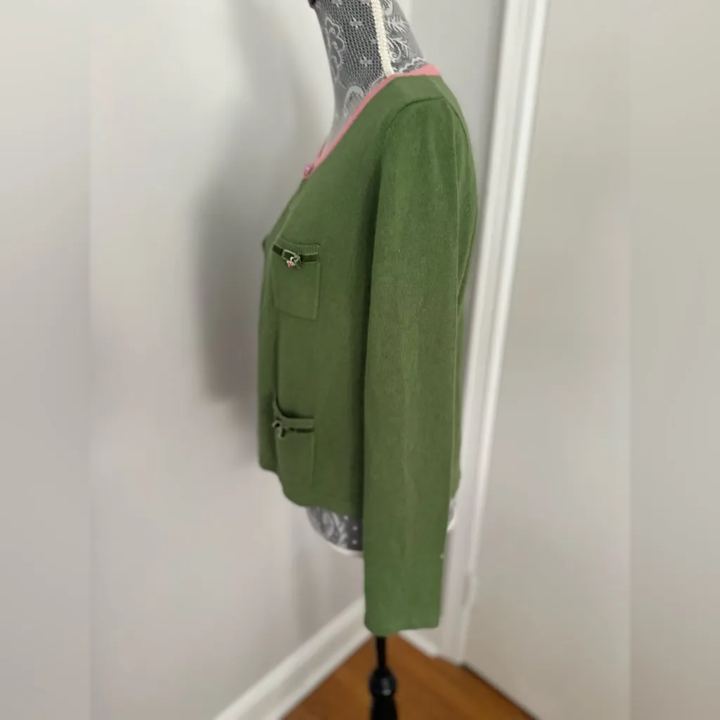 ECI New York Sz: XL Green/ Pink Silk Angora Open Cardigan w/ Pockets Bows Jewel. - Image 3