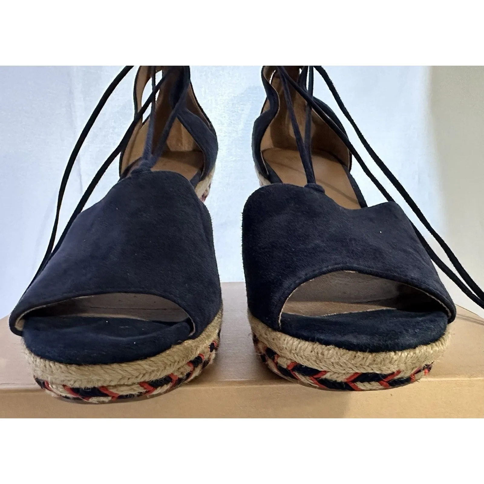 Cabi Navy Isla Blue Wedge Lace Up Espadrilles Aztec Heel Peep Toe 6001 Size 8.5 - Image 10