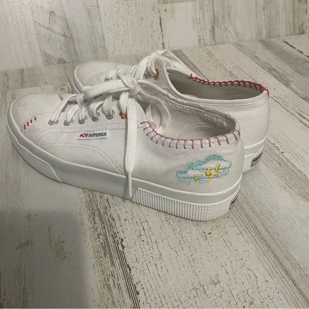 Superga 2740‎ Happy Logo Colorful Embroidered Platform Sneakers White size 7.5 - Image 2