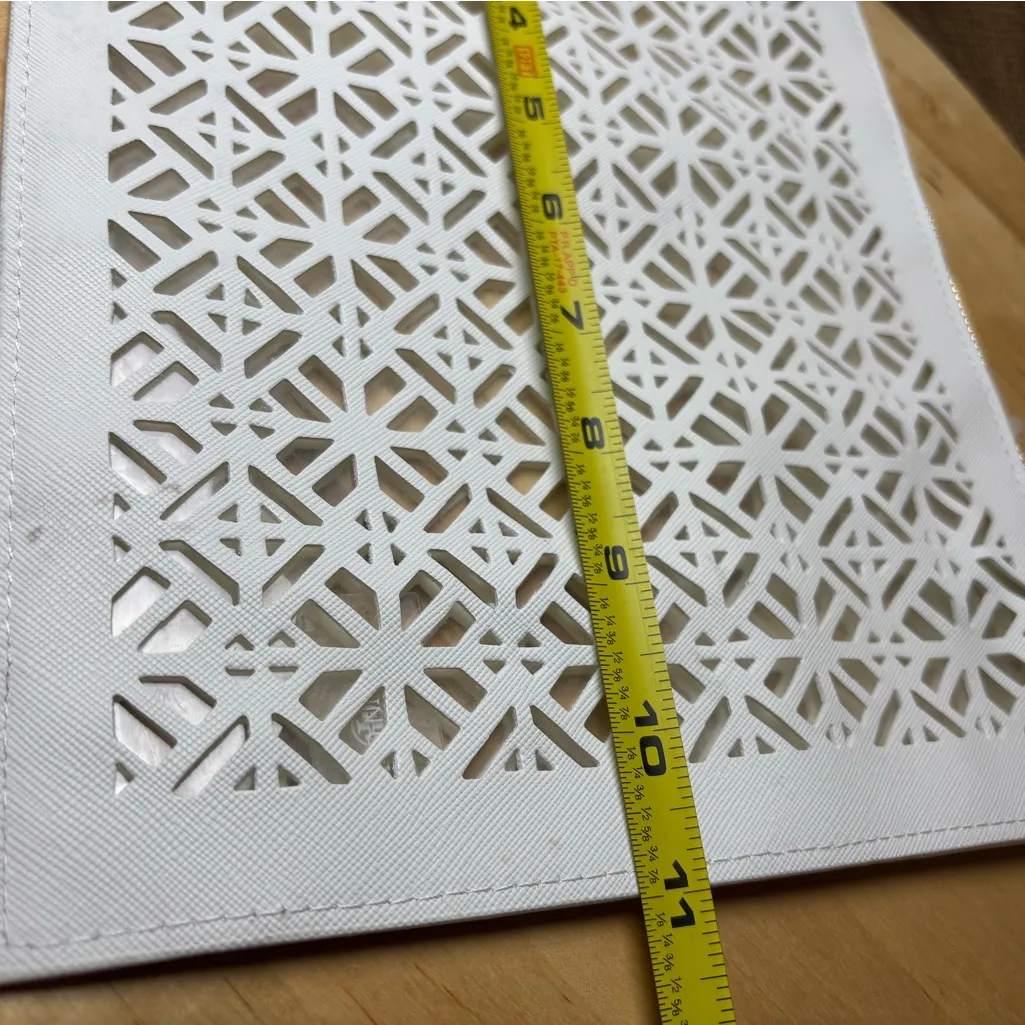 Tory Burch large laser cutout zip clutch pouch White clear pvc lining gold charm - Image 13