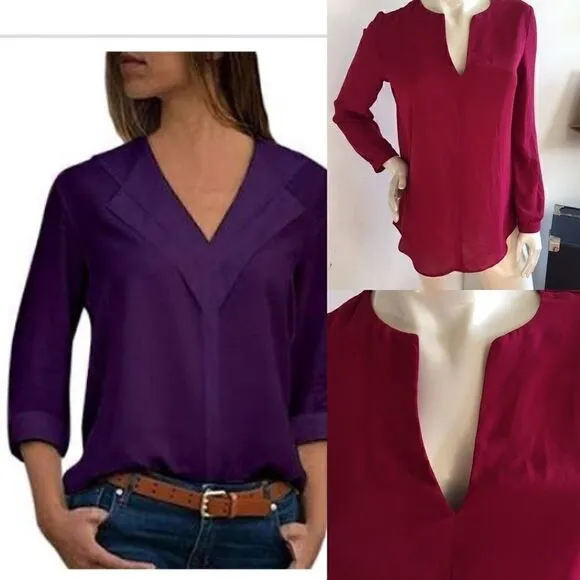 Deep Wine open v neck chiffon long sleeve blouse - Image 2
