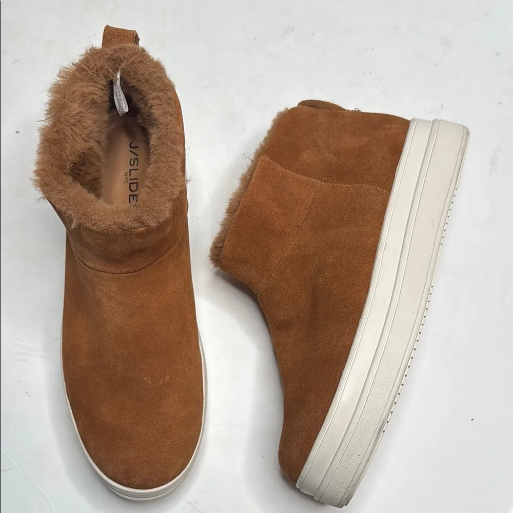 J/SLIDES Faux Fur-Lined Microsuede Tan Brown Booties S-286 Sz 10 - Image 2