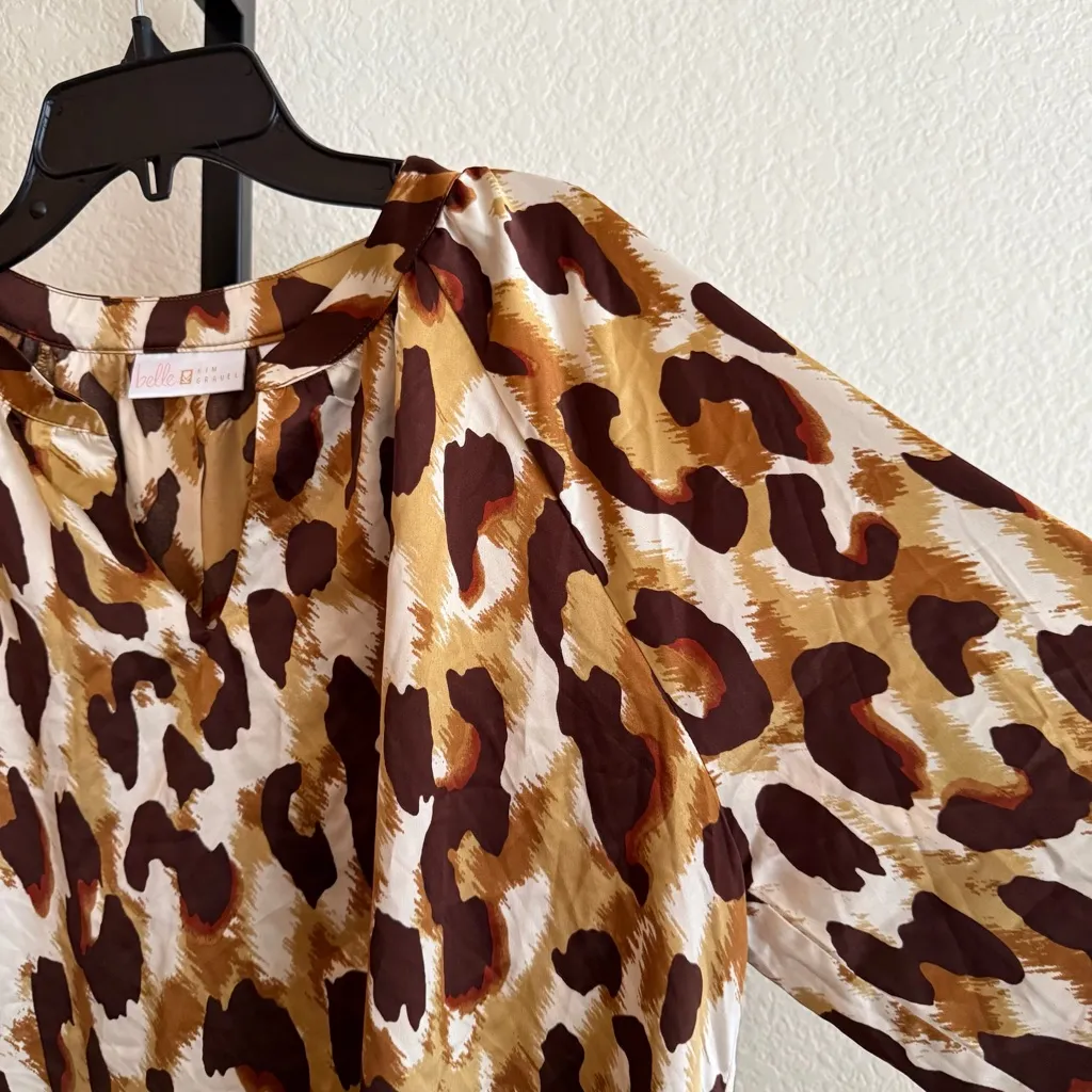 Retro Leopard Print Satin Blouse Smocked Sleeve Flow Top Medium Oversized Brown - Image 9