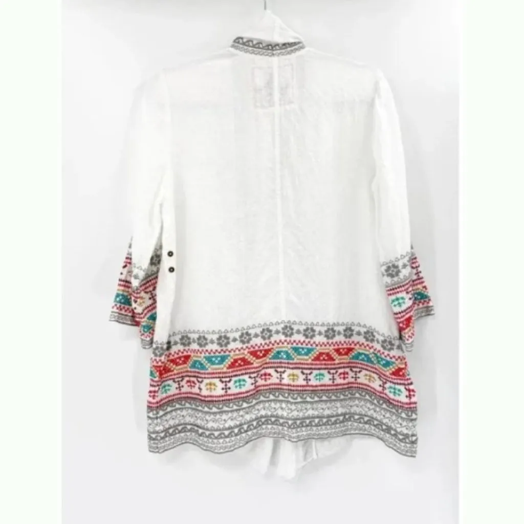 Johnny Was LA White Linen Multicolor Embroidered Open Front Kimono Jacket Small - Image 5