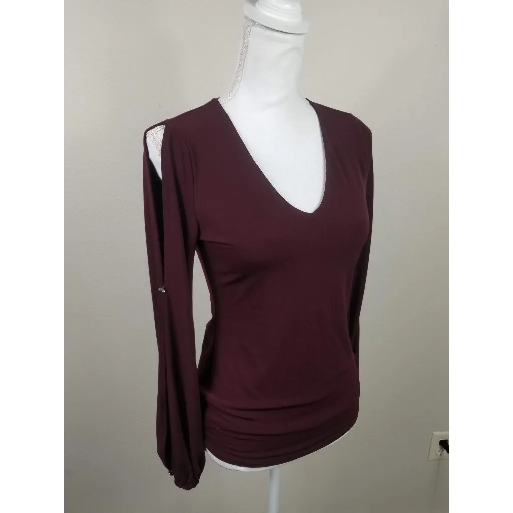 Womens XS INC Burgundy Long Sleeve V-Neck Top With Ruched Hem & Cutout Shoulders - Image 6