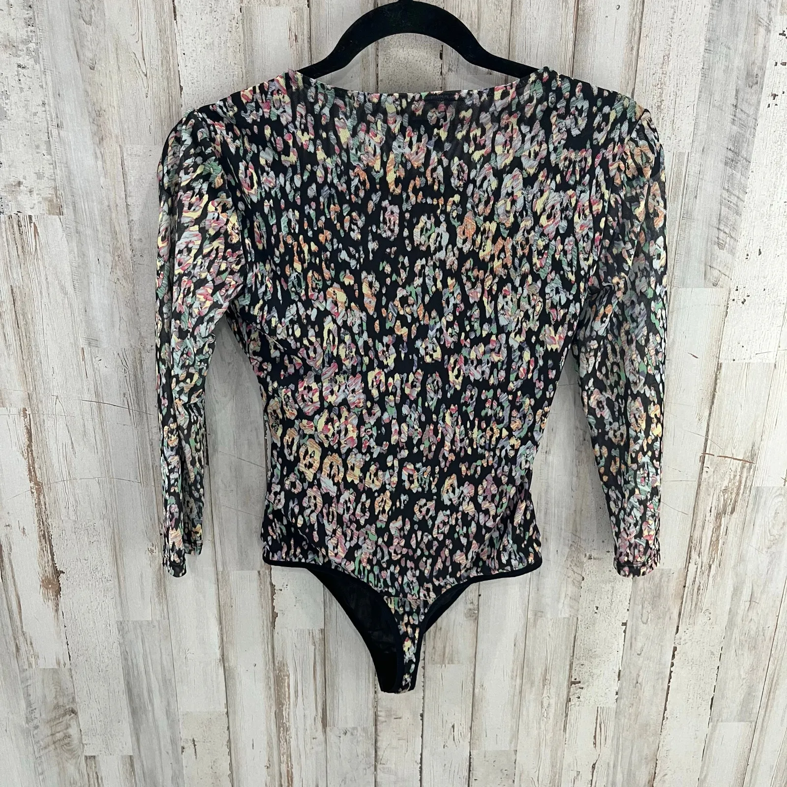 Bebe Women Animal Print Bodysuit Size XS Long Sleeve Mesh Thong Snaps - Image 6