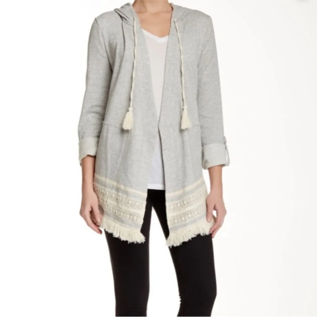 DEMOCRACY Gray Hoodie Cardigan with Tassels & Crochet Trim - Size M - Image 2