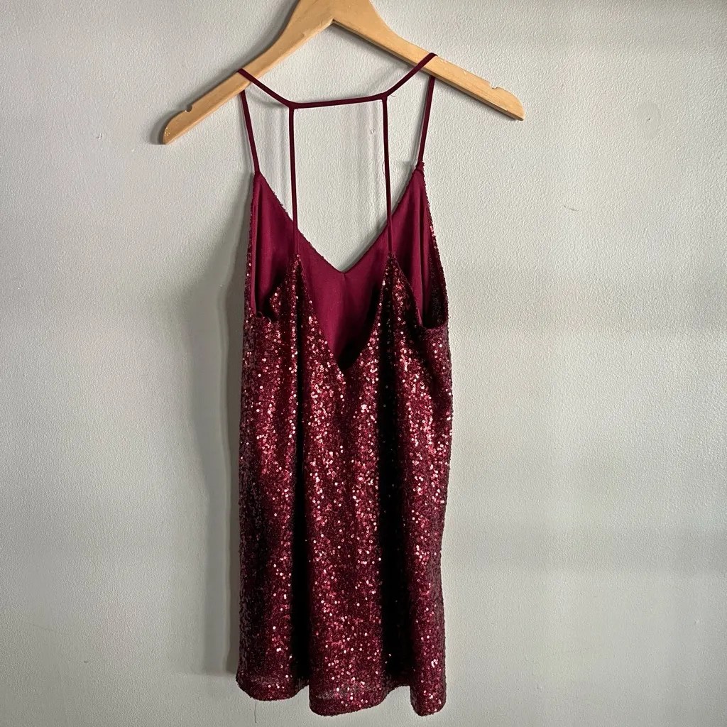 LUSH Burgundy sequin mini slip dress strappy back party holiday small - Image 6