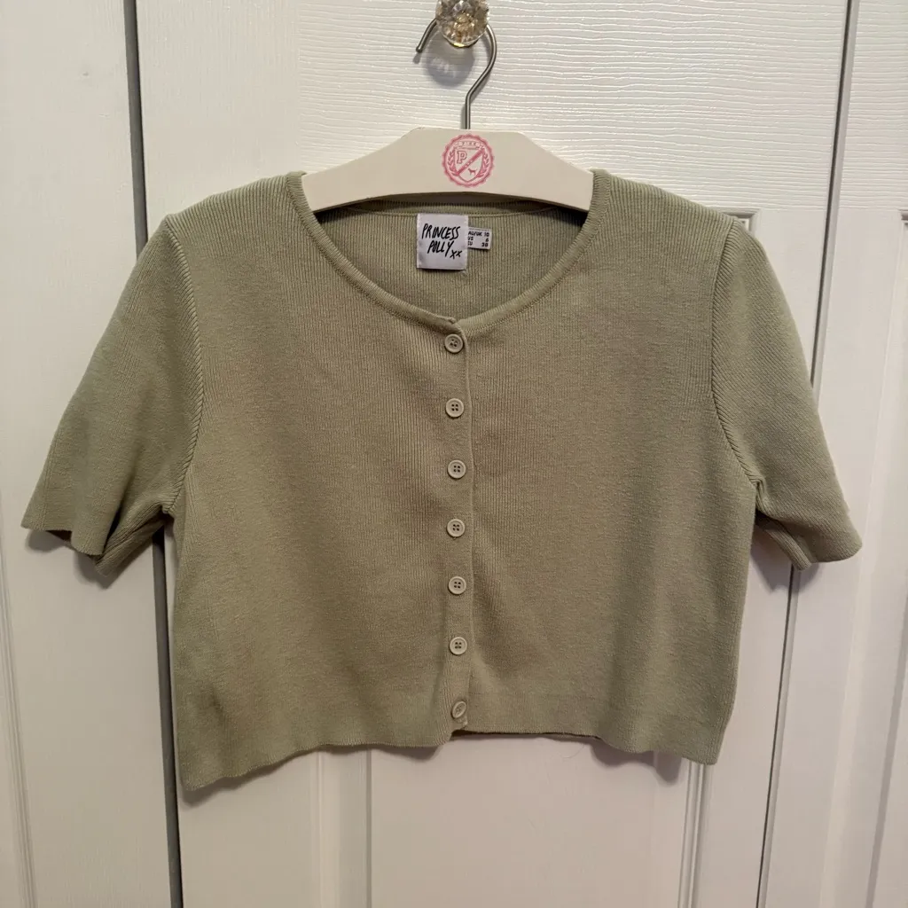 Princess Polly Sage Green Button Up Cropped Cardigan - Image 2