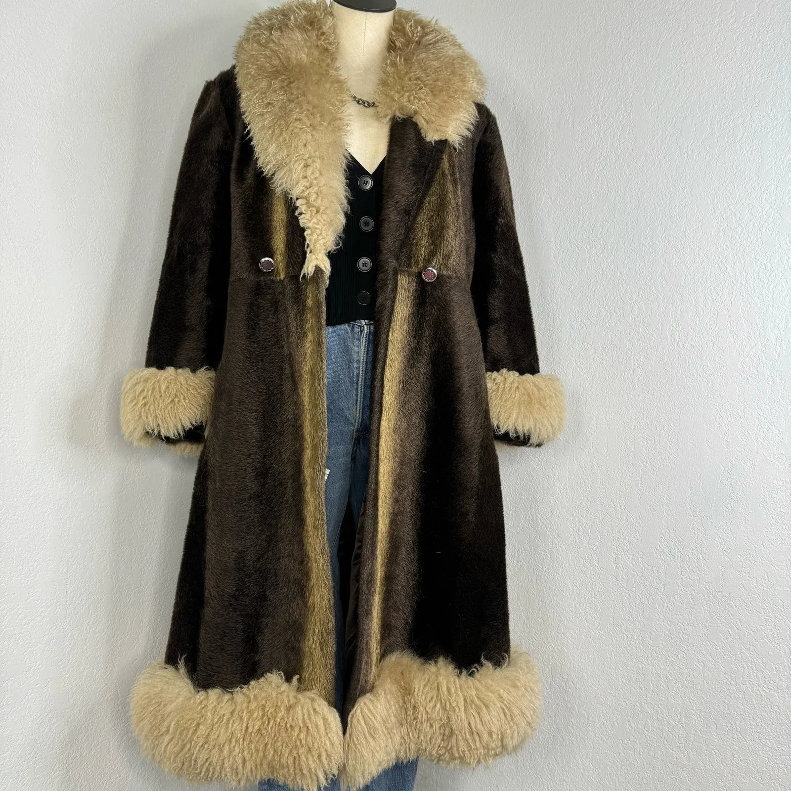 Vintage 1970s Penny Lane Long Brown Coat Faux Fur Size XS - Image 5