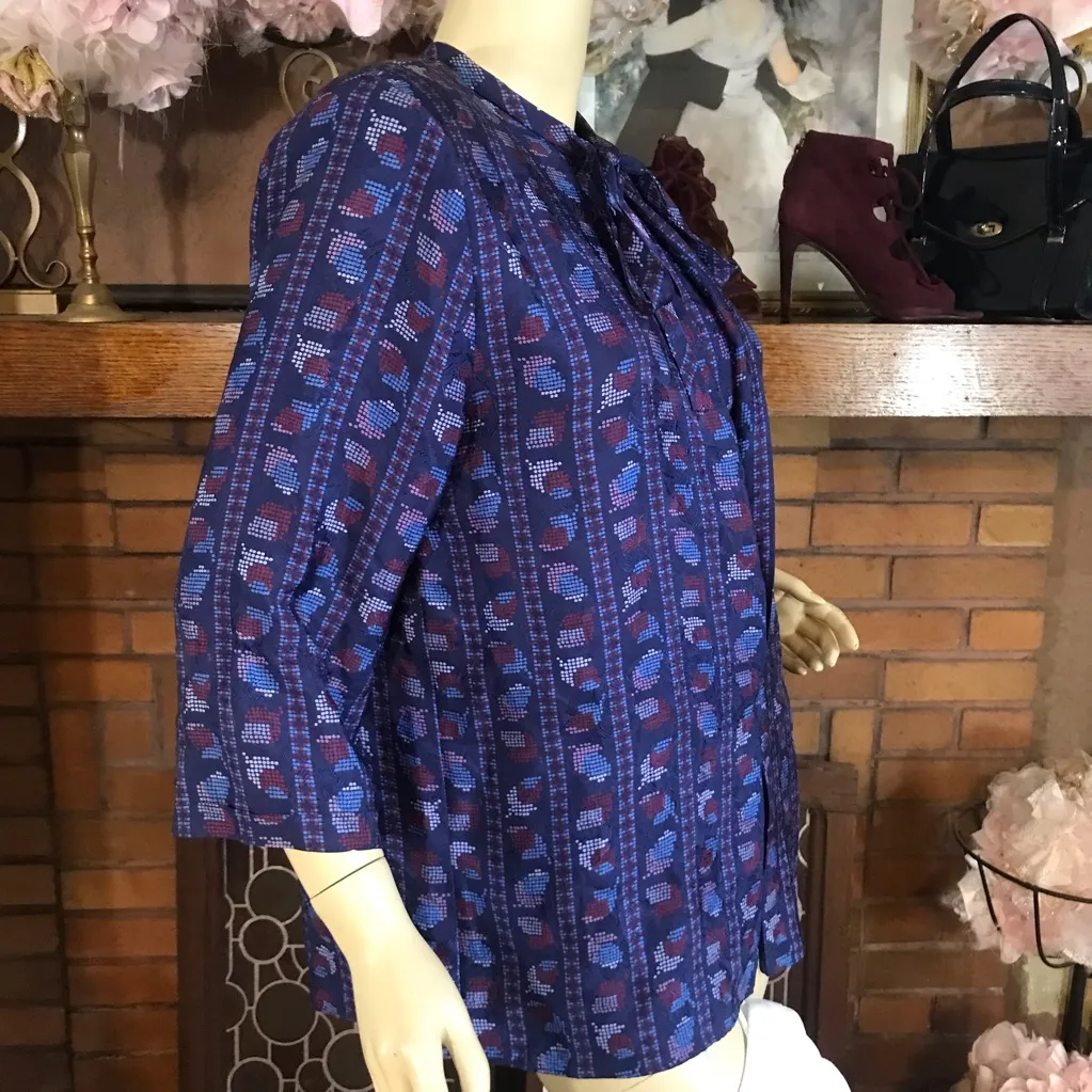 VINTAGE 80'S HALSTON III BLUE AND BURGUNDY SILK BLOUSE (10) - Image 4