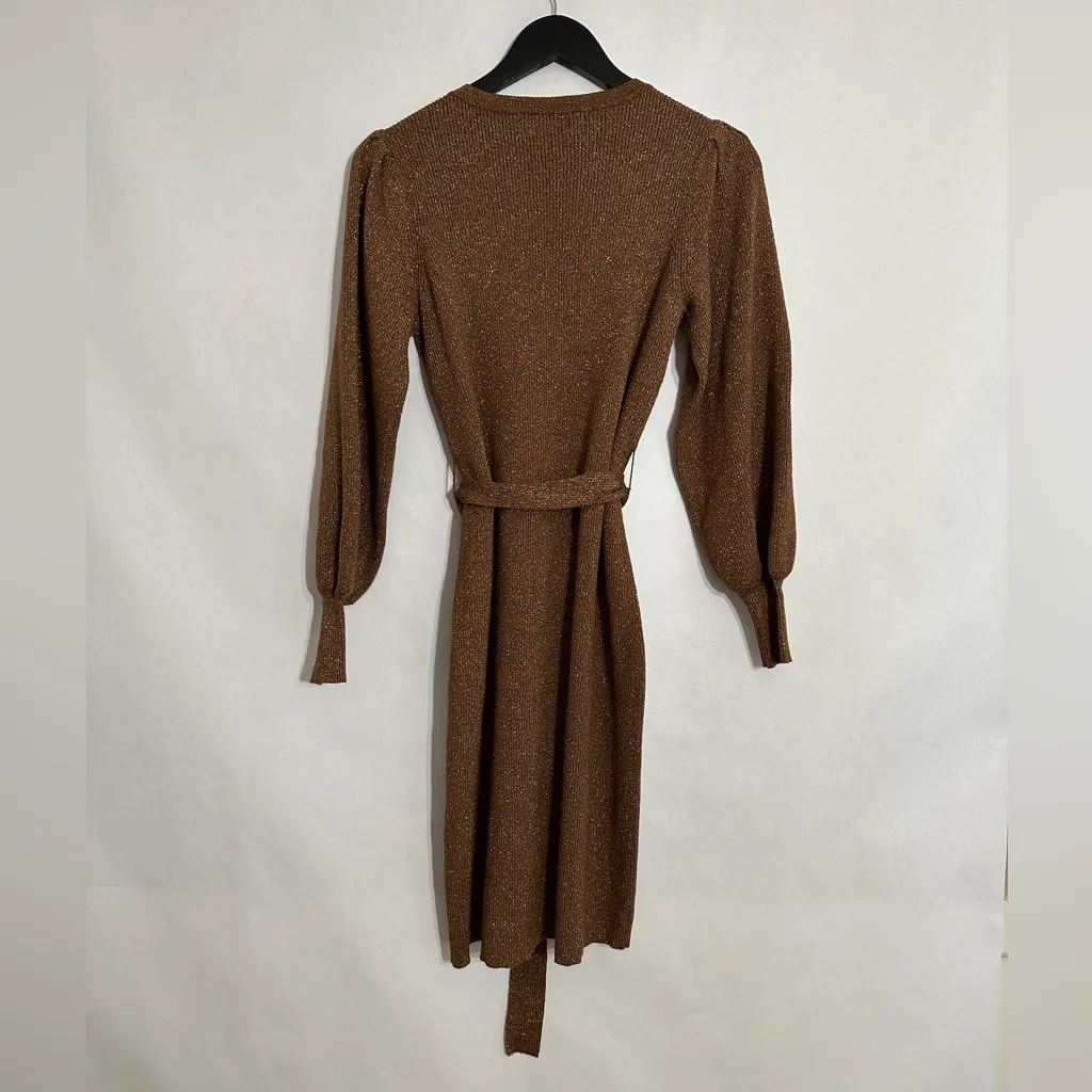 Calvin Klein Bronze Metallic Knit Tie Waist Puff Sleeve Sweater Dress Size Small - Image 7