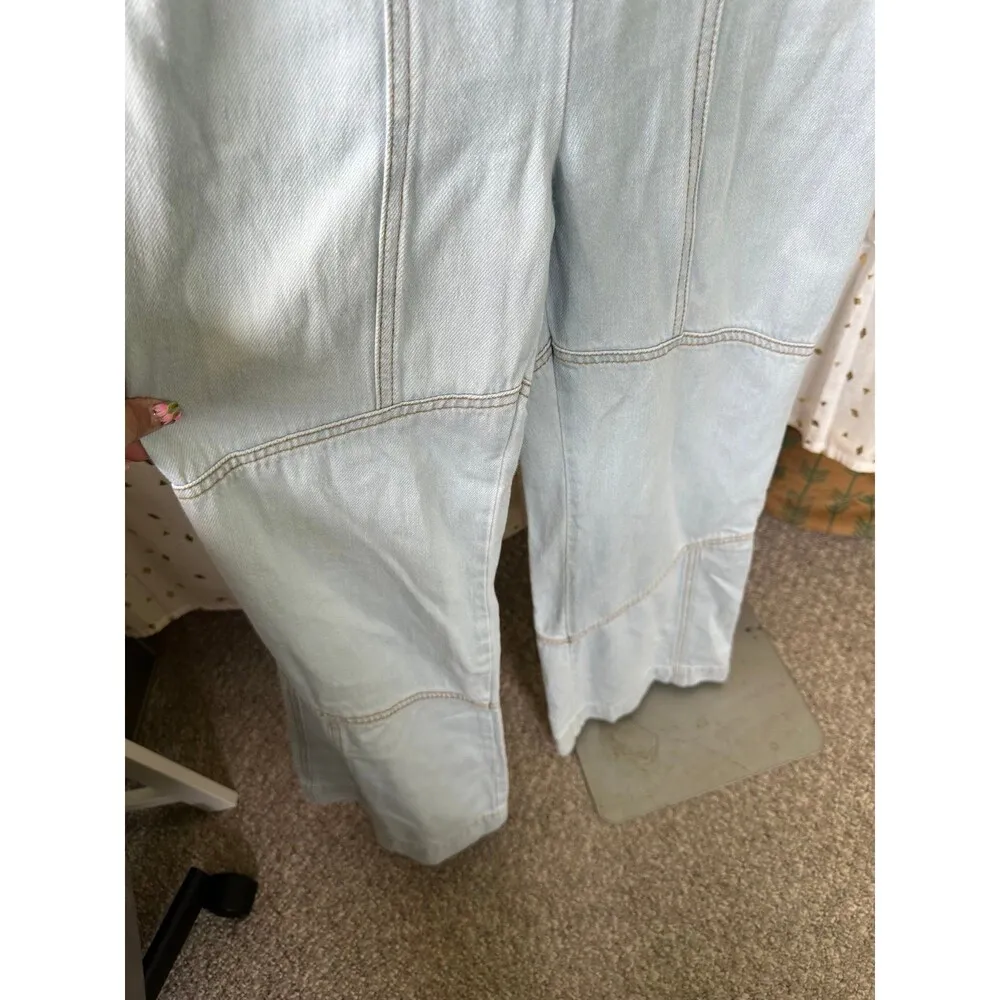 Free People 70s 100% Cotton Light Wash Wide Leg Denim Overalls Jumpsuit 27 - Image 5