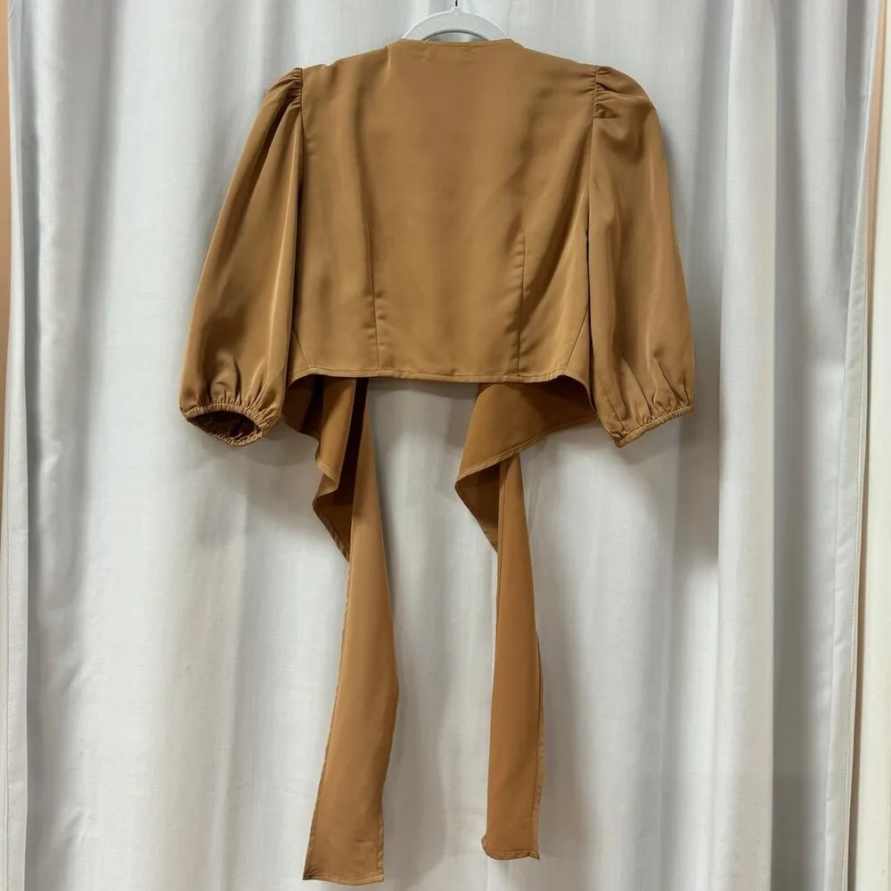Pretty Lavish Jamie Crop Tie Knot Blouse & Wide Leg Trouser Pants Set Tan US 4 - Image 10