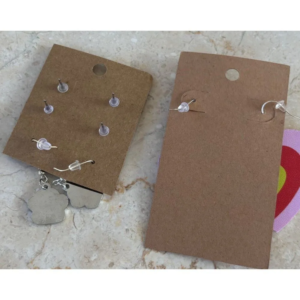 Set Of 4 Colorful Earrings With Glitter Studs & Heart & Paw Dangle Designs Red - Image 2