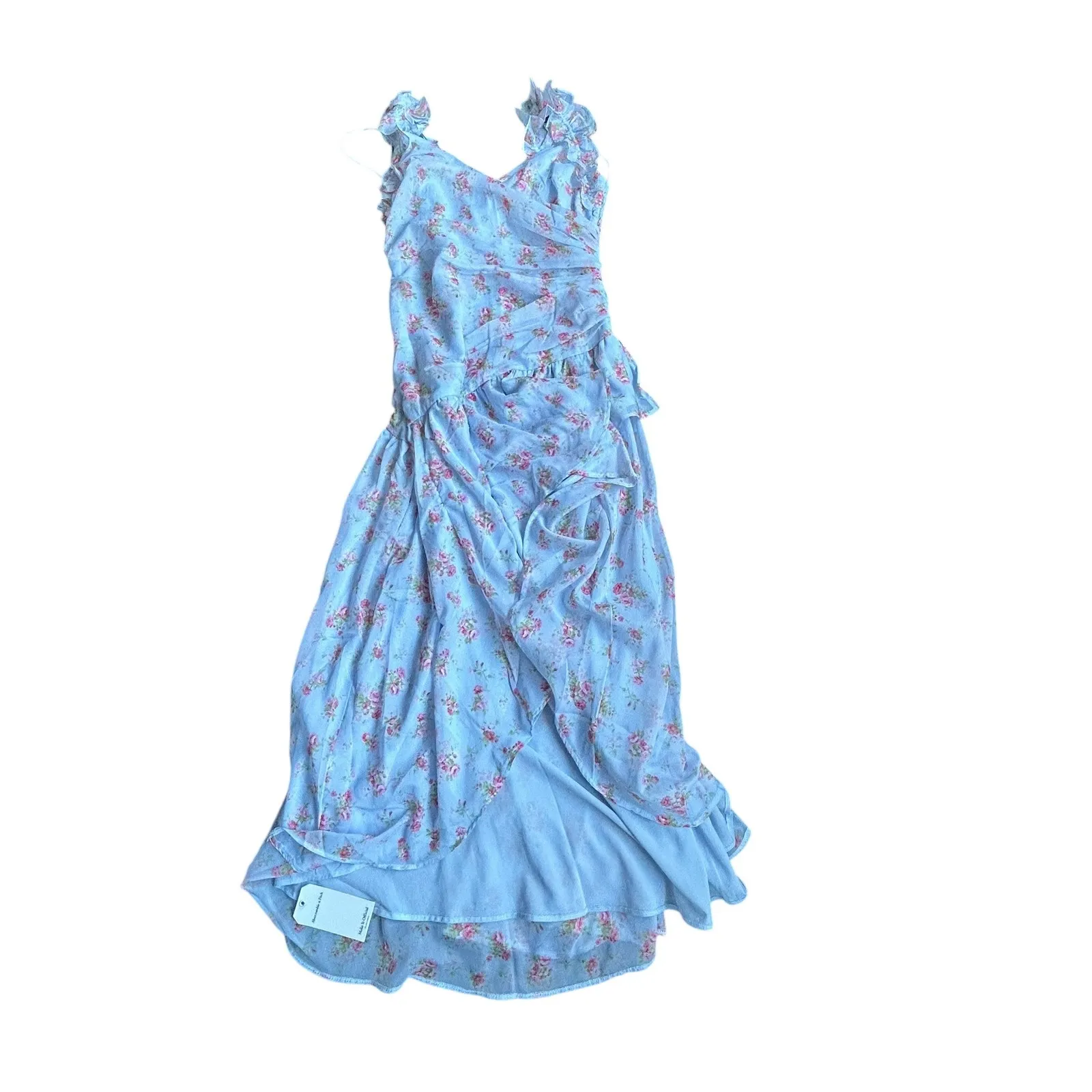 Abercrombie & Fitch Light Blue Floral Print Ruffle High Low Midi Dress Med NWT - Image 5