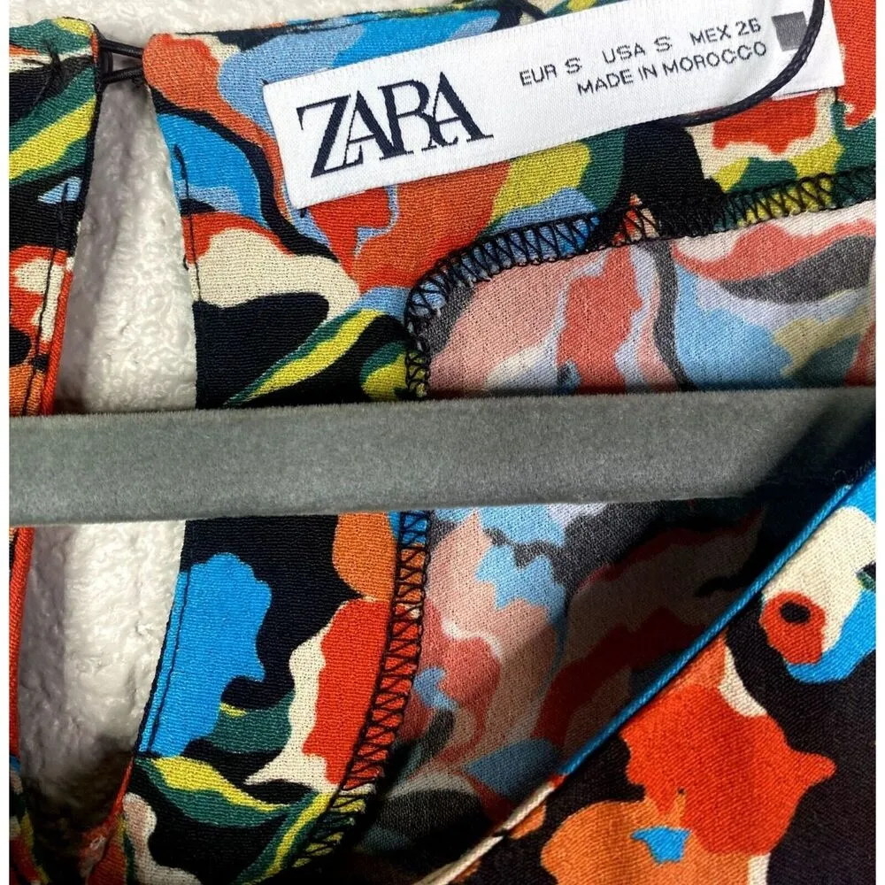 Zara Floral Ruched Bodycon Mini Dress Keyhole Button Back Long Sleeve S Red Blue - Image 6