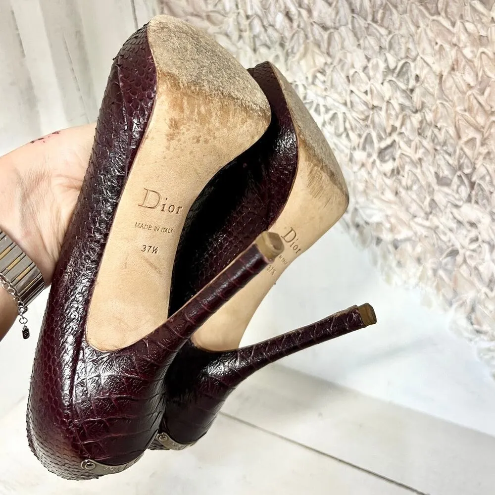 Christian Dior Embossed Python Leather Peep Toe Pumps Purple Women Size 37.5 / 7 - Image 13