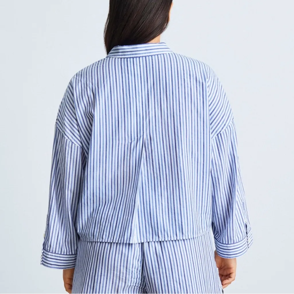 Everlane The Woven P.J. Top boxy long sleeve blue & white stripe top Size XS NWT - Image 2