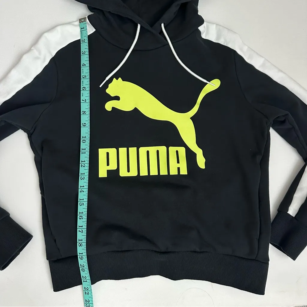 Puma Black Hoodie with Neon Yellow Logo Size XS Women - Image 7