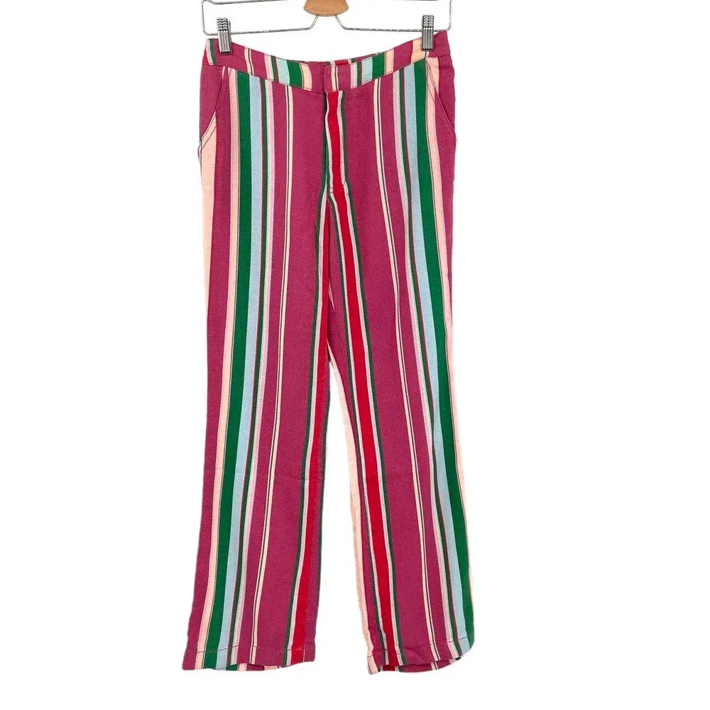 Free People‎ La Paz Stripe Cotton Blend Ankle Pants Berry Combo Size 0 - Image 3