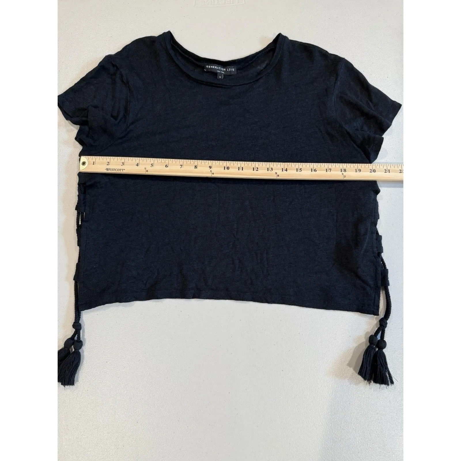 Generation Love Top Women Medium Black 100% Linen Tassels Sheer Indie Travel - Image 5