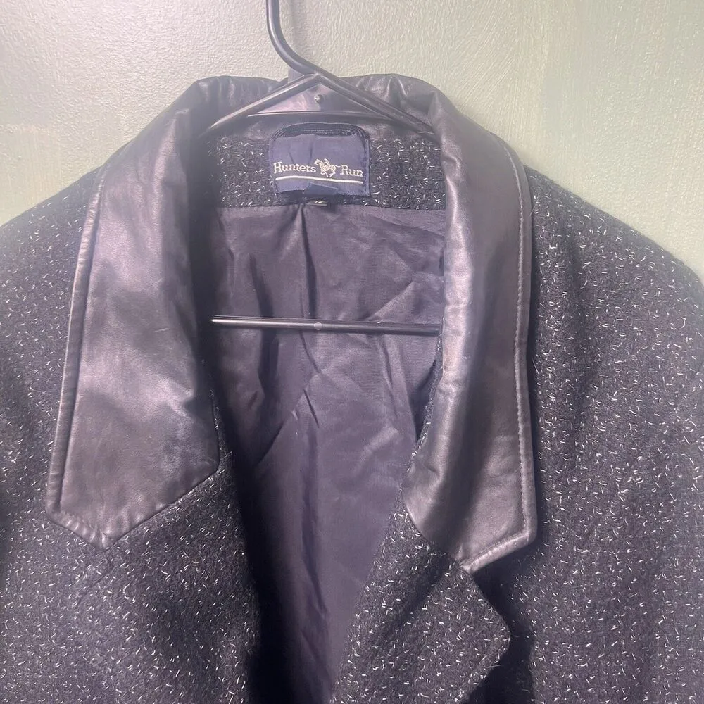 Vintage Hunters Run Wool Peacoat Women 12 Midi Black Leather Trim Winter Coat - Image 3