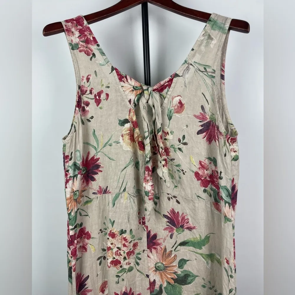 Marina Gigli Tan Linen‎ Painted Floral Sleeveless Midi Tie Back Dress Size M - Image 7
