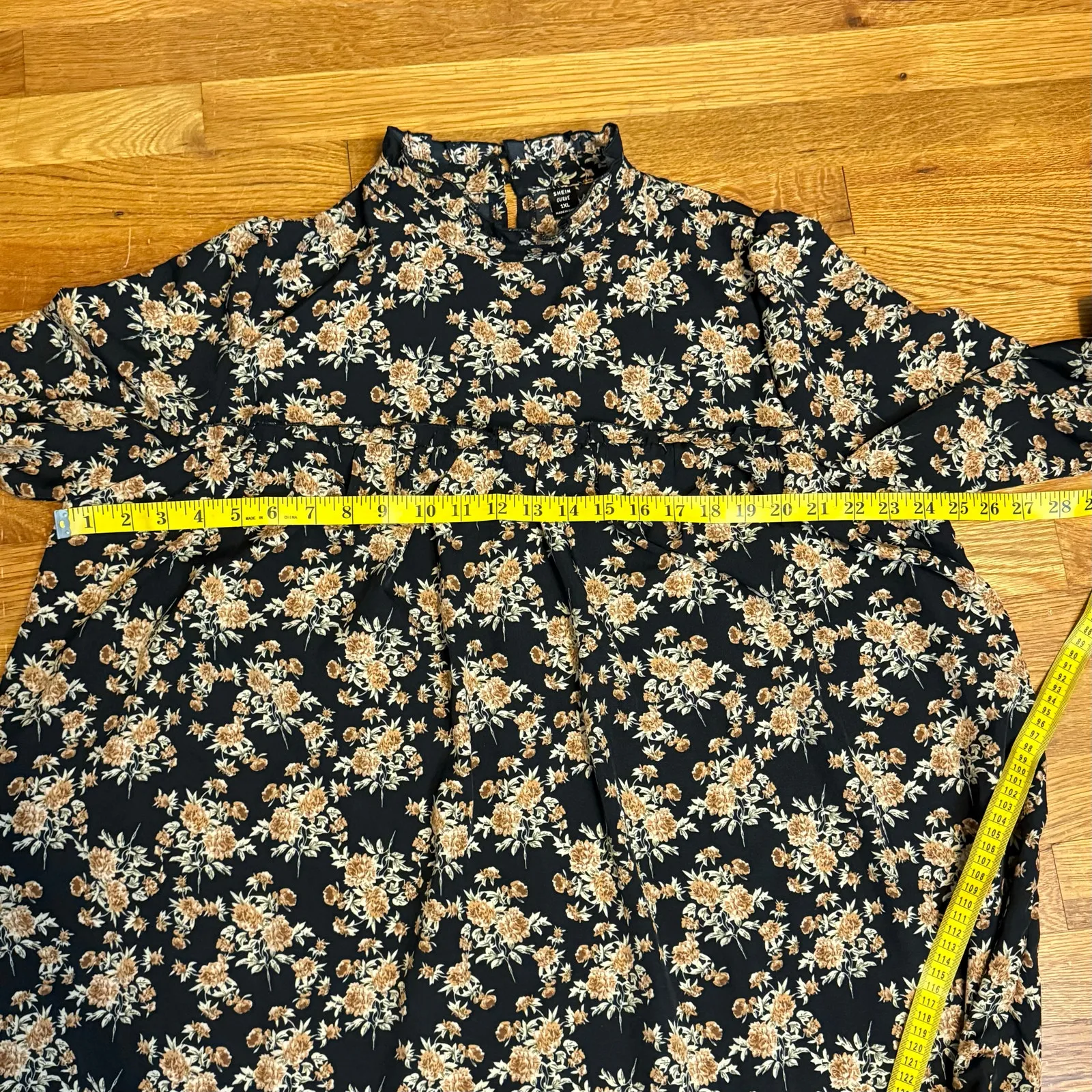 Shein Women’s 1XL Black Brown Floral Ruffle Mock Neck Long Sleeve Babydoll Dress - Image 2