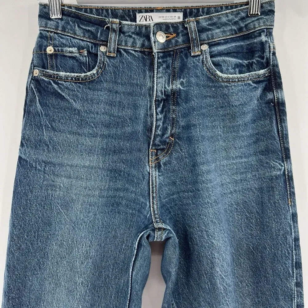 Zara Jeans Slim Straight Leg High Rise Dark Wash Blue Denim‎ Women’s Size 2 - Image 2