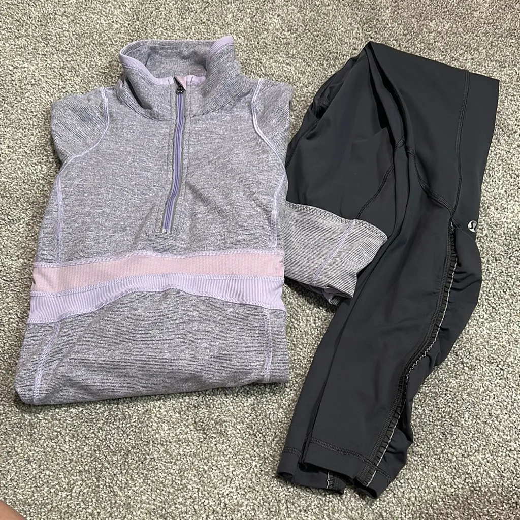 Lululemon Matching Set size 6 leggings and size 4 pull‎ over gray and purple - Image 2