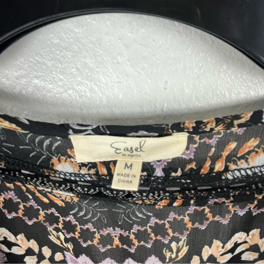 EASEL Black Floral Sheer Lace Inset Double Front Ties Kimono Cardigan Medium - Image 3