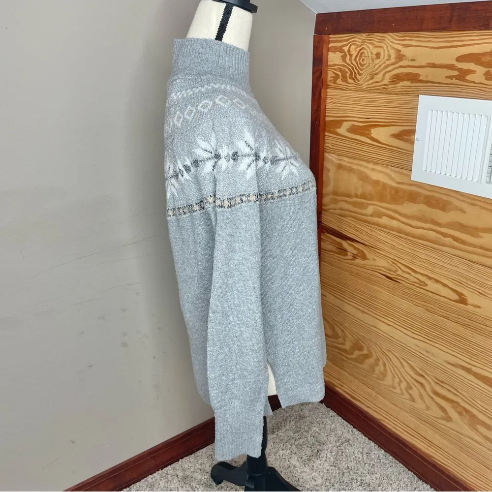 Grey Fair Isle Snowflake Metallic Knit Turtleneck Sweater Extra Small - Image 2