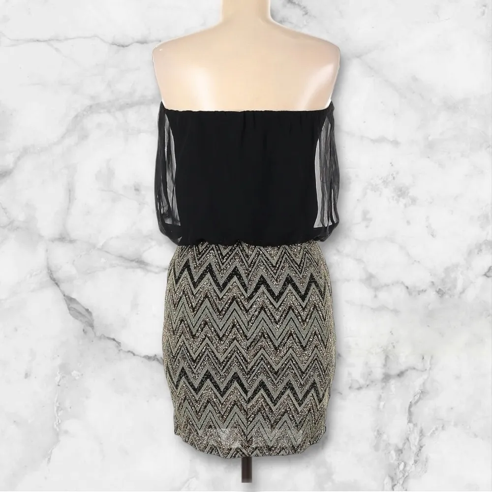 Wet Seal Black Gold Strapless Sparkly Chevron Cocktail Party Dress Y2K size M - Image 2