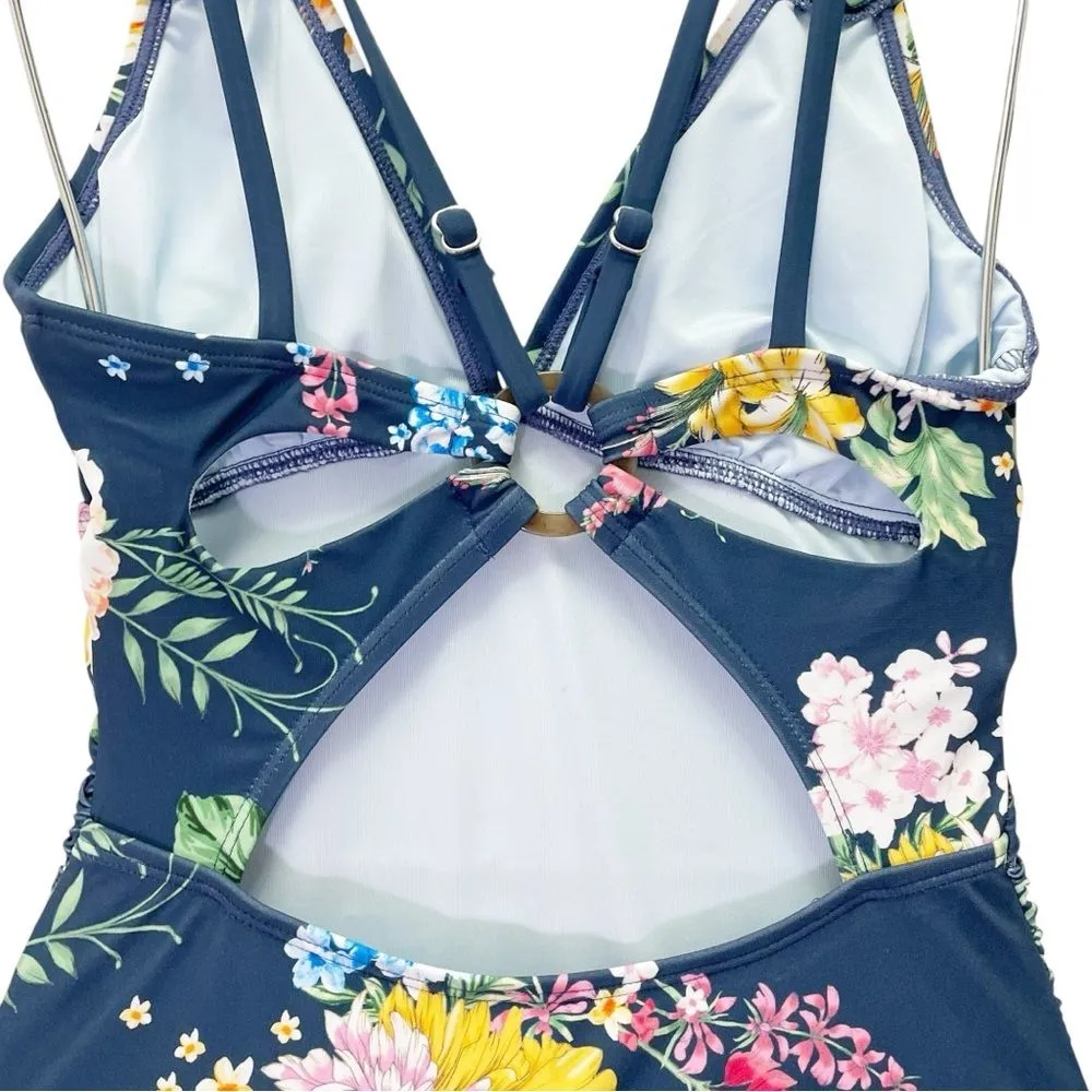 NWT Cupshe Tropical Floral Cutout One Piece Swimsuit Navy Pink Yellow Size XS - Image 5