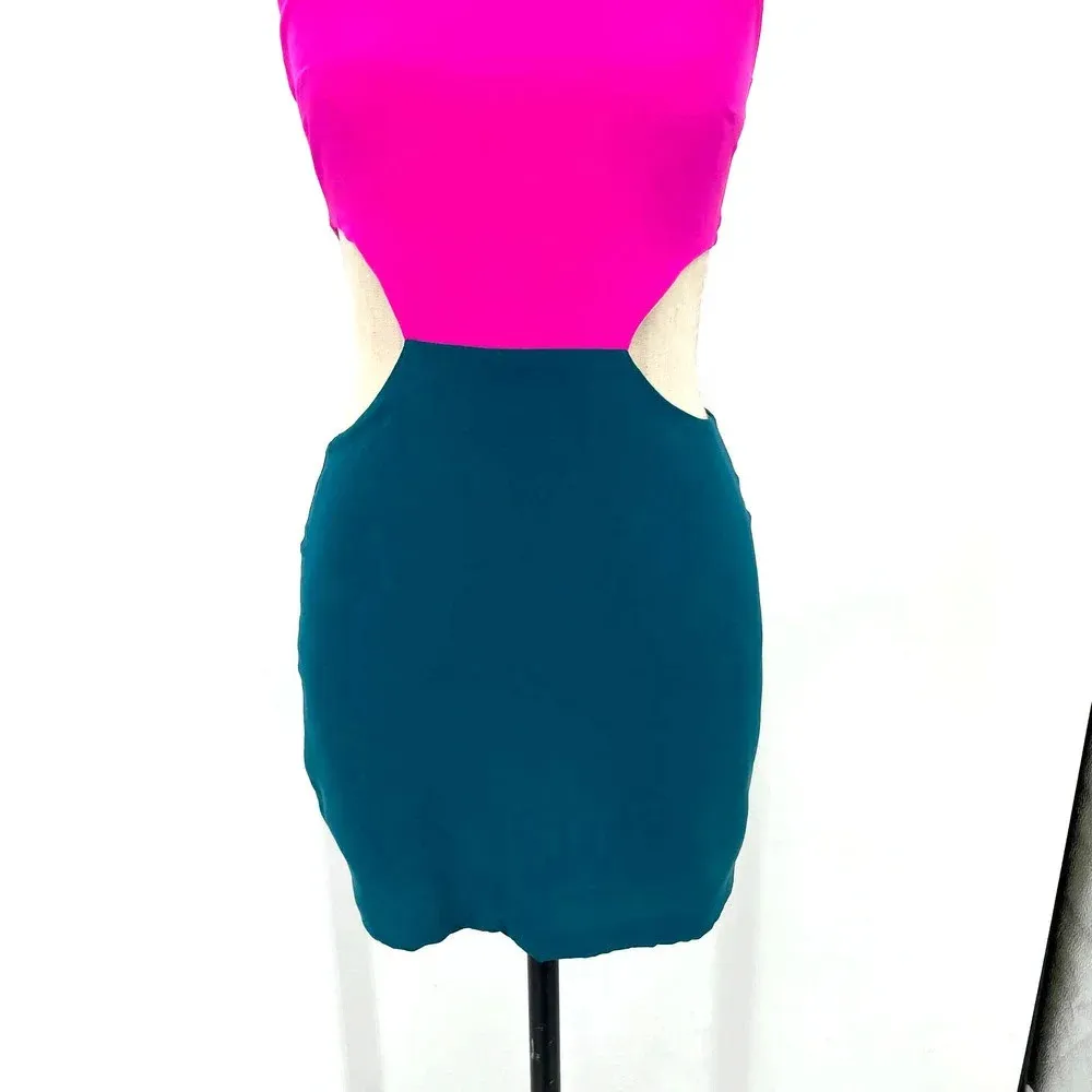 Naven 2-Tone‎ Silk Colorblock Side Cut-Out High Neck Silk Mini Dress Size Small - Image 3