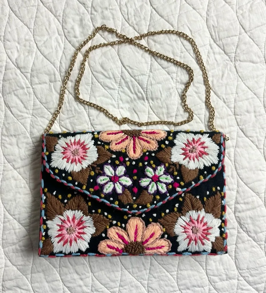 Floral Embroidered Cottagecore Crossbody Boho Purse Envelope Bag Grandmacore Brown - Image 1