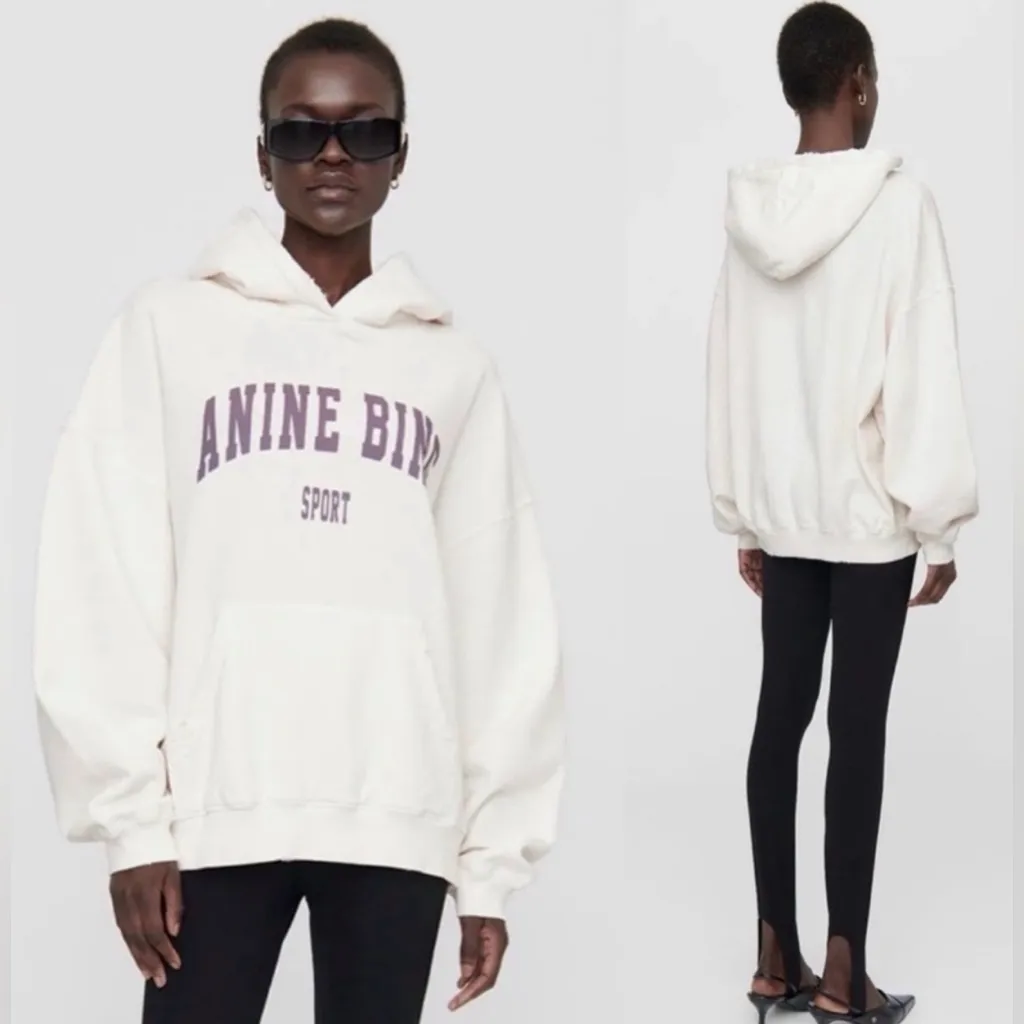 Anine Bing‎ Sport Harvey Womens Cream Hoodie Sweatshirt Purple Letters Sz Large - Image 5