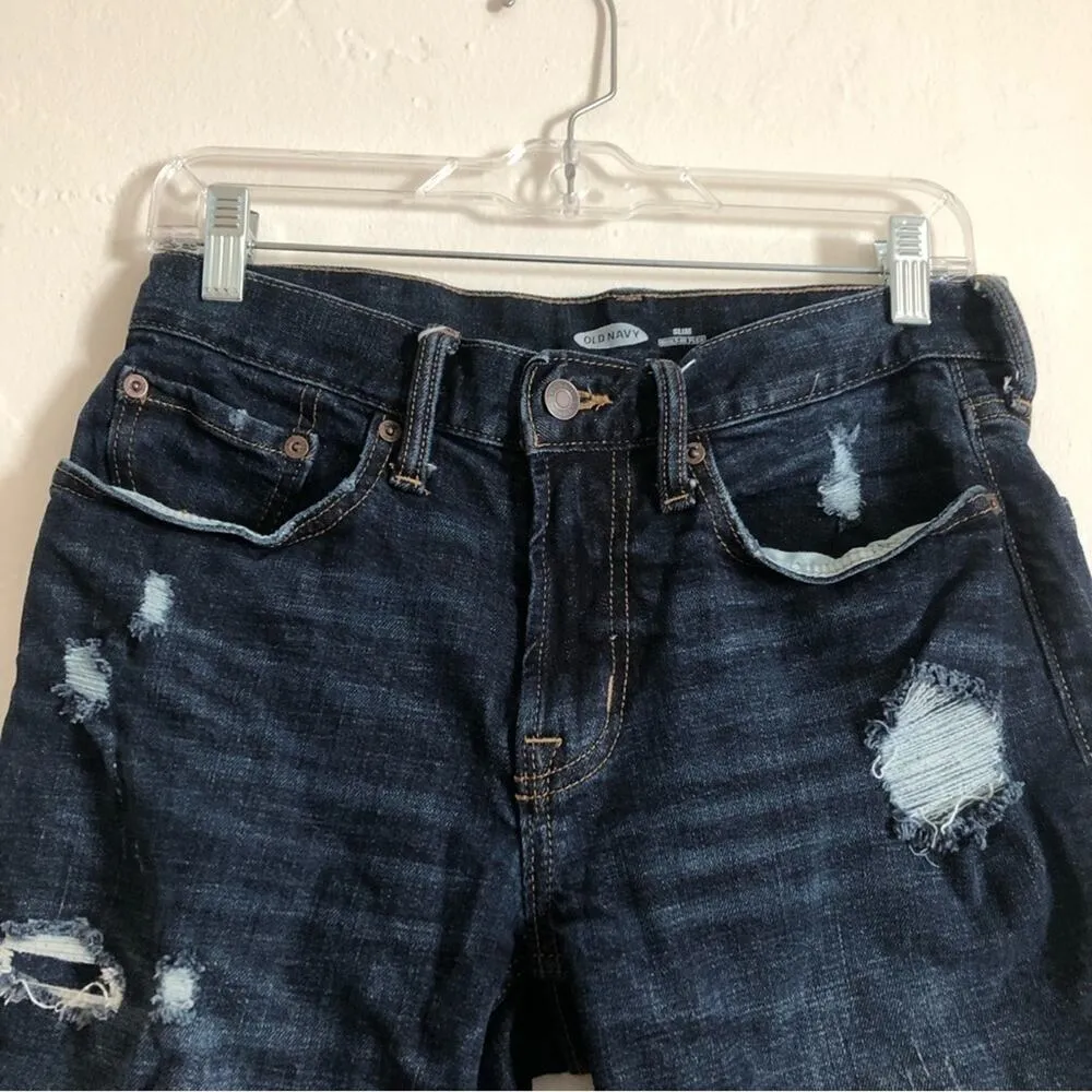 Old Navy Slim Flex Dark Blue Denim Distressed Cut Off Bermuda Jean Shorts - Image 3