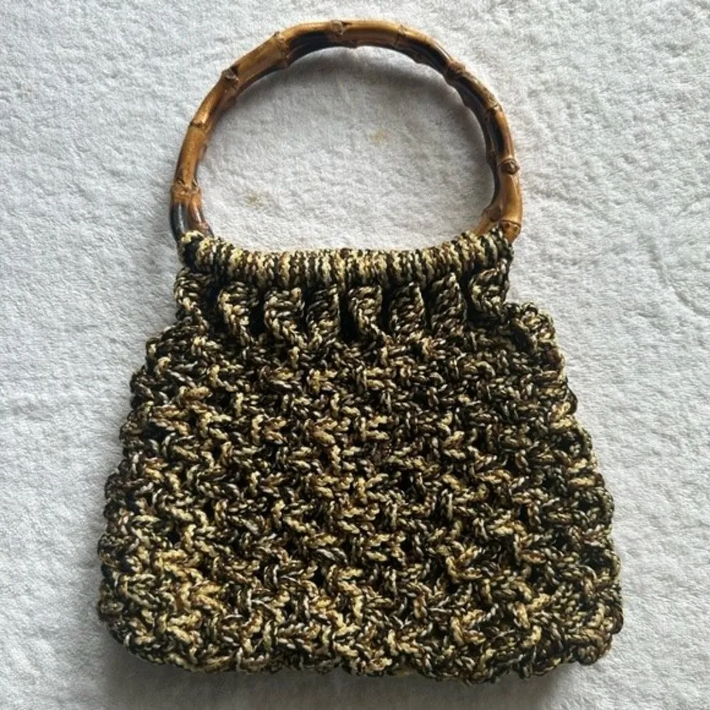 Vintage Macramé Thick Crochet Style Bamboo Handel Jute Bag Beachy Boho Hippie - Image 2