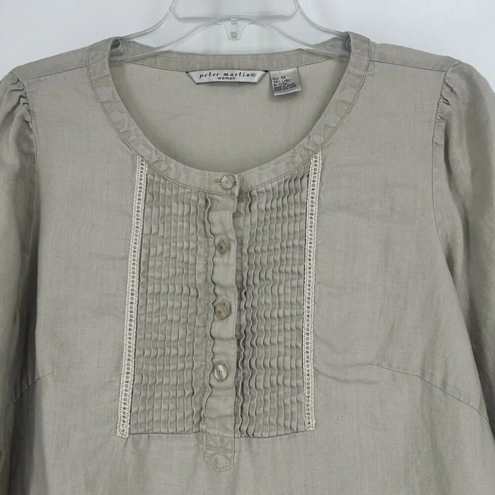Peter Martin Beige Linen Top Lagenlook Pintuck Pleat Cottagecore Prairie… Size 1X - Image 2