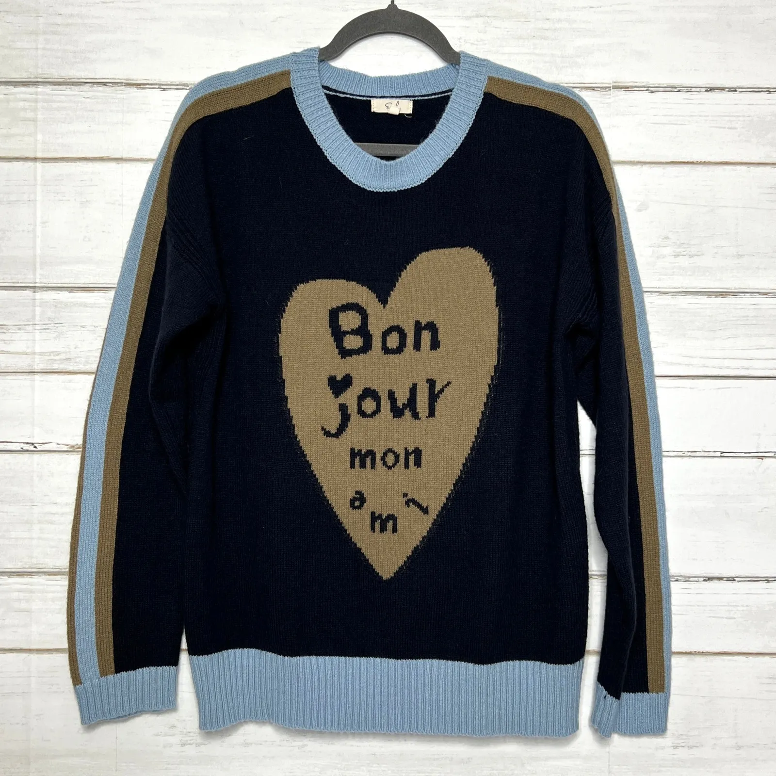 Easel Bon Jour Mon Ami Heart Sweater Small Navy Blue Knit Pullover - Image 2