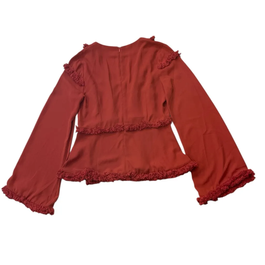 Gracia V Neck Ruffled Trim Bell Sleeve Blouse - Image 2
