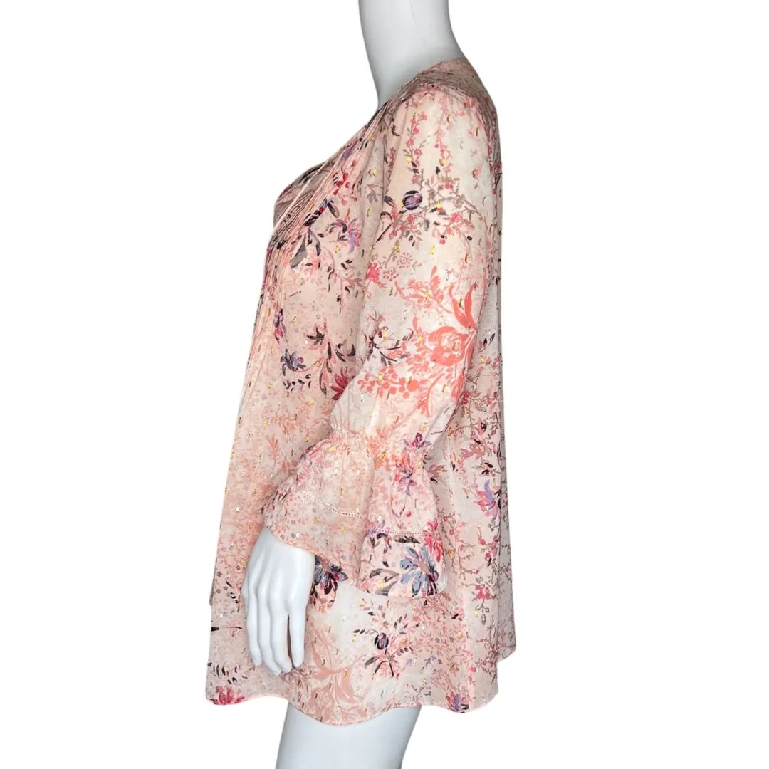 T Tahari Shirt Womens Medium Pink Floral Bell Sleeve Tasseled Tie Top Bloomcore‎ - Image 3