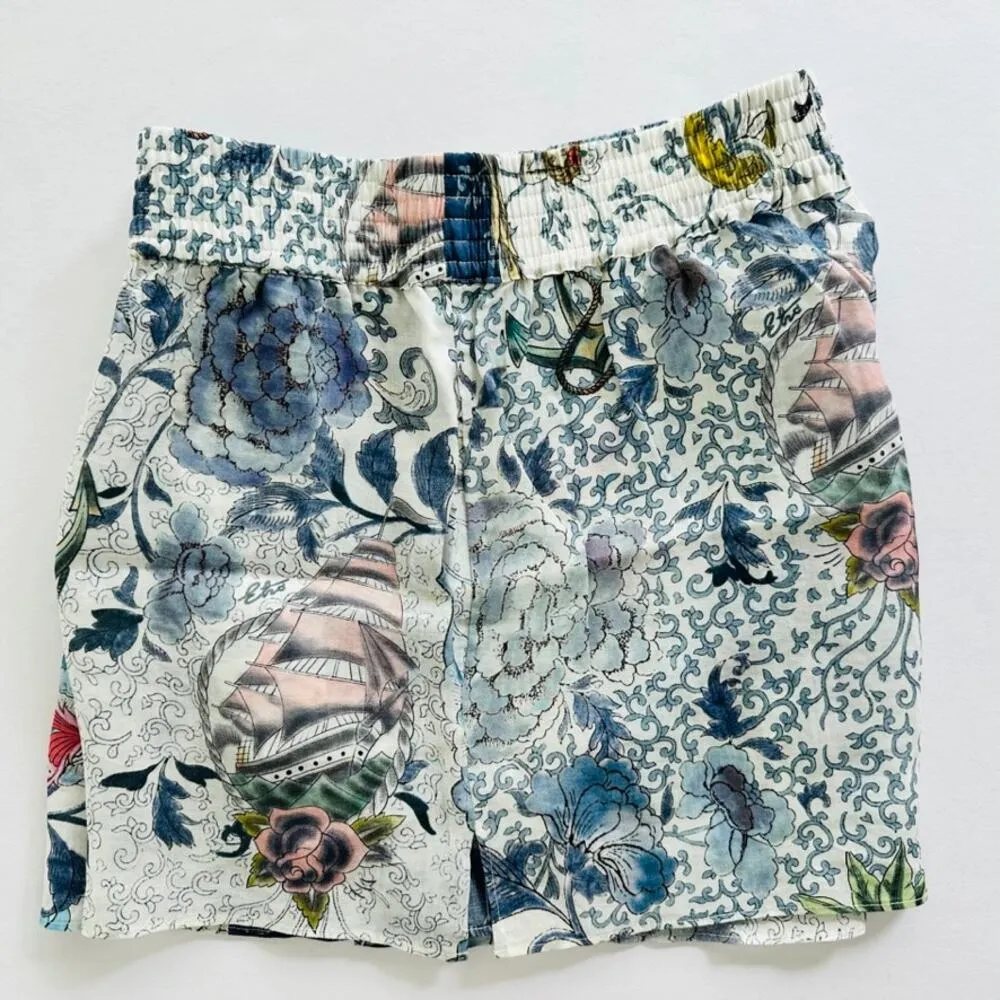 ETRO Blue Floral Ramie Shorts Size 46 Large Elastic Relaxed Beach Travel Yacht - Image 4