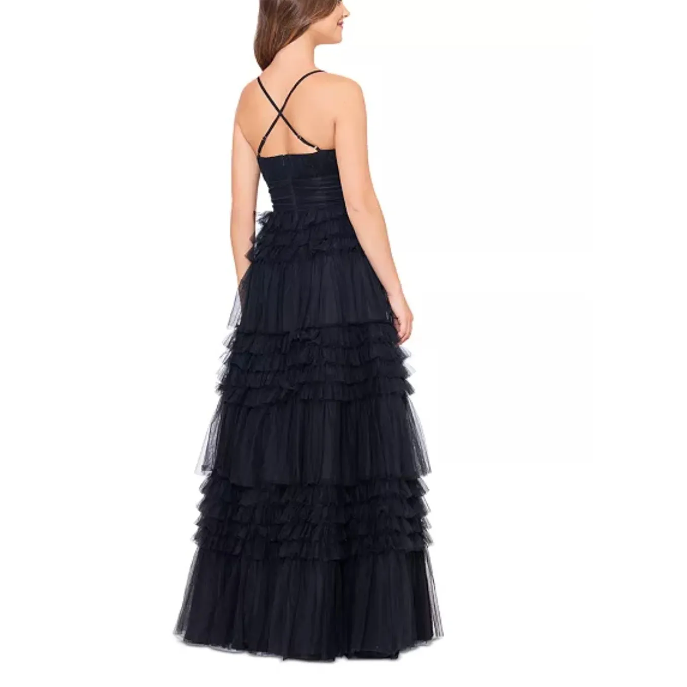 Betsy & Adam V-Neck Sleeveless Tiered Ruffle Mesh Gown Black 4 NWT 1 Strap Flaw - Image 9
