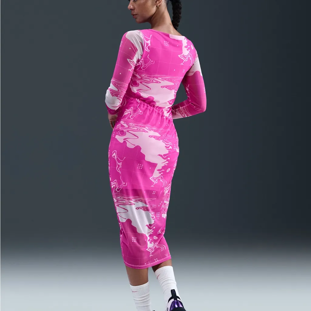 Nike Women's Pink Abstract Print Mesh Long Sleeve Ruched Midi Dress - Image 4