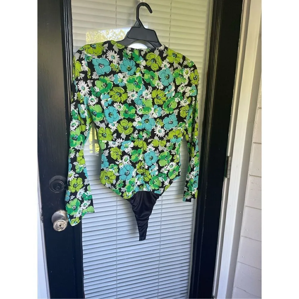 NWOT. Zara Draped Floral Blue Green Long Sleeve Cut Out Bodysuit M - Image 12