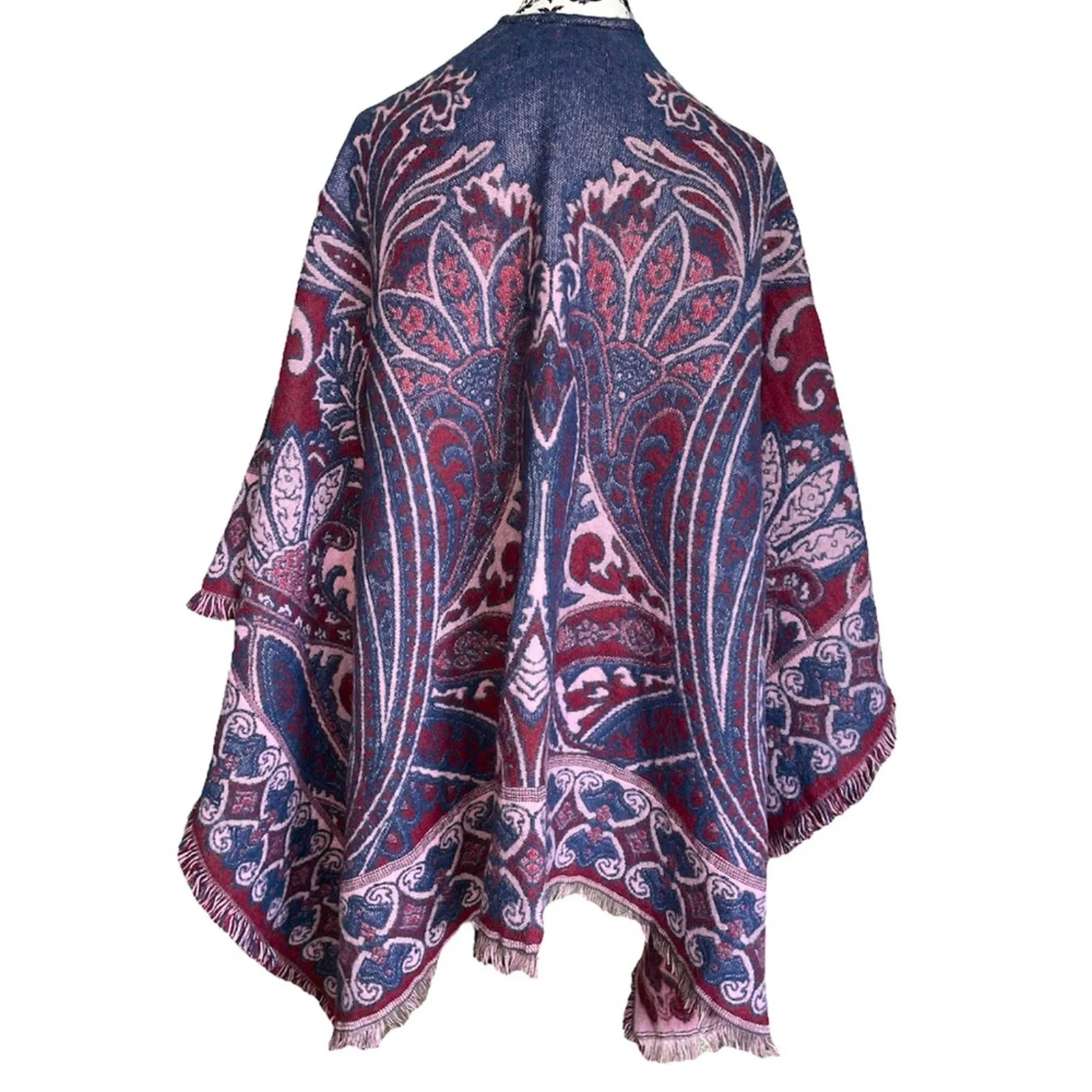 Marc New York Andrew Marc Paisley Wine Poncho Wrap Leather tie Tassels One Size - Image 2