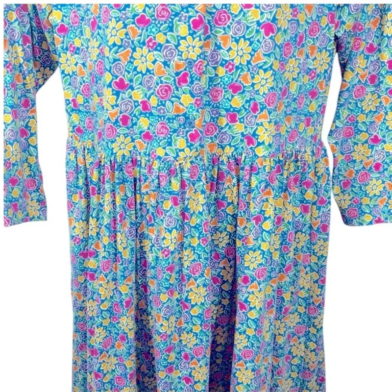 Hanna Andersson Vintage 90s Floral Midi Peasant Dress XL – Made in USA Blue - Image 4
